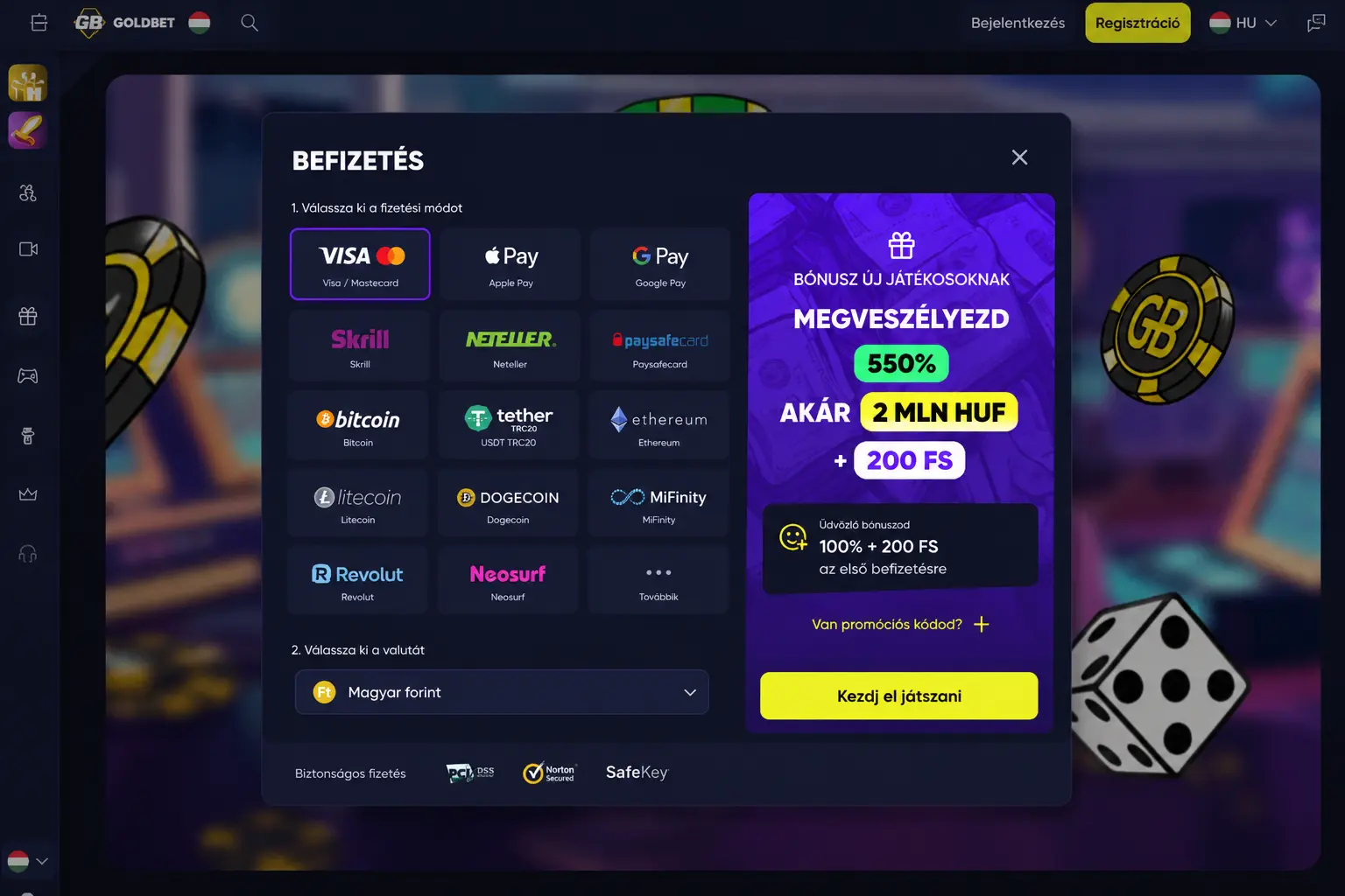 Goldbet pénztár befizetési módokkal — Visa, Mastercard, Skrill, Bitcoin, USDT, Revolut
