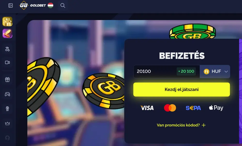 Goldbet Casino főoldala magyar nyelven, játékkategóriákkal és üdvözlő bónusz bannerrel
